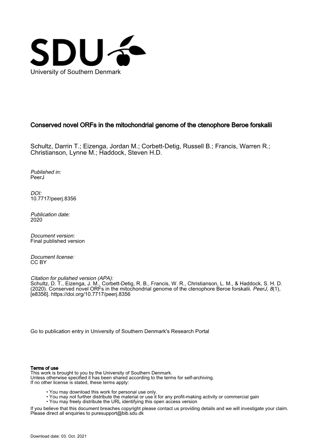 Conserved Novel Orfs in the Mitochondrial Genome of the Ctenophore Beroe Forskalii