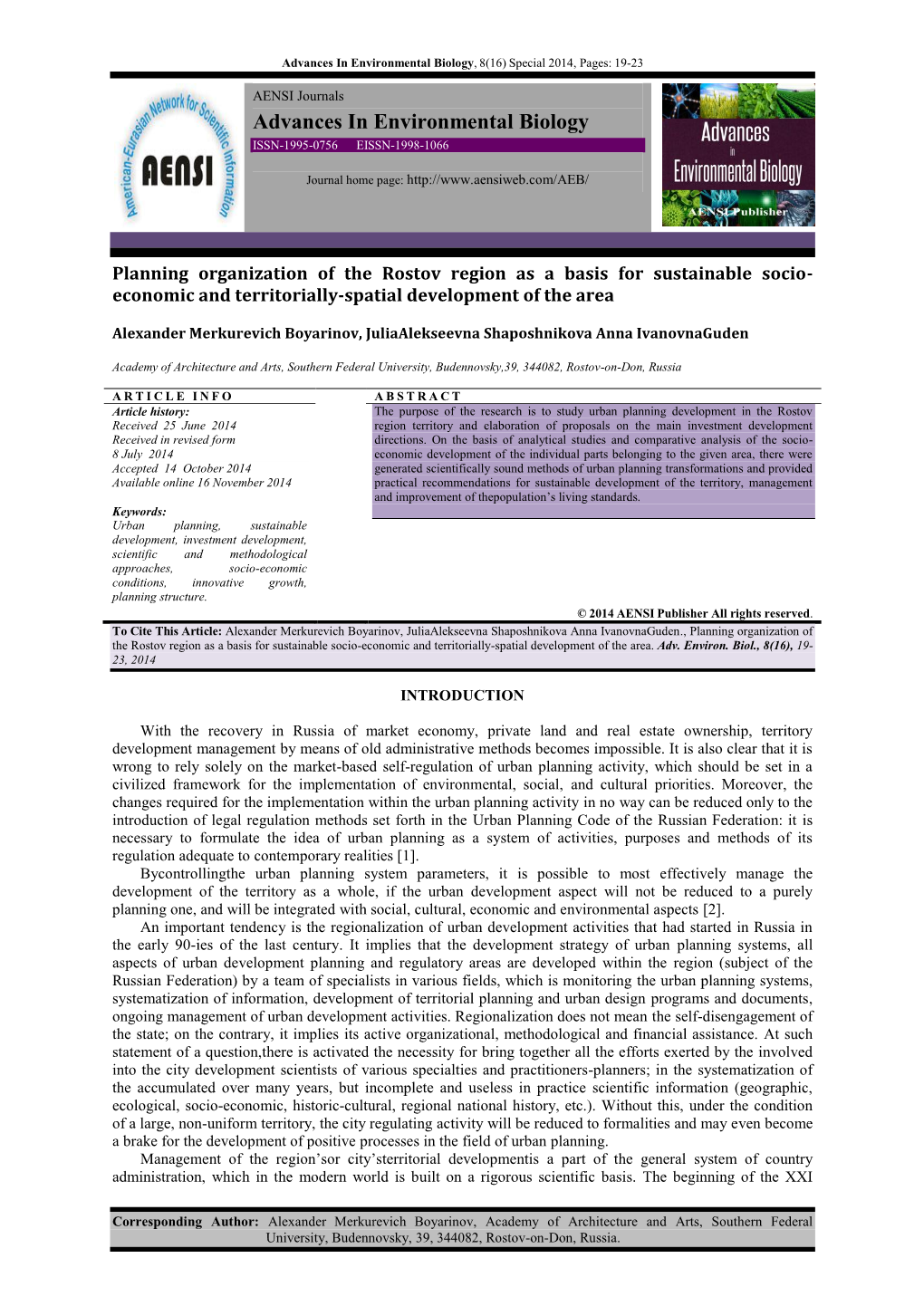 Advances in Environmental Biology, 8(16) Special 2014, Pages: 19-23