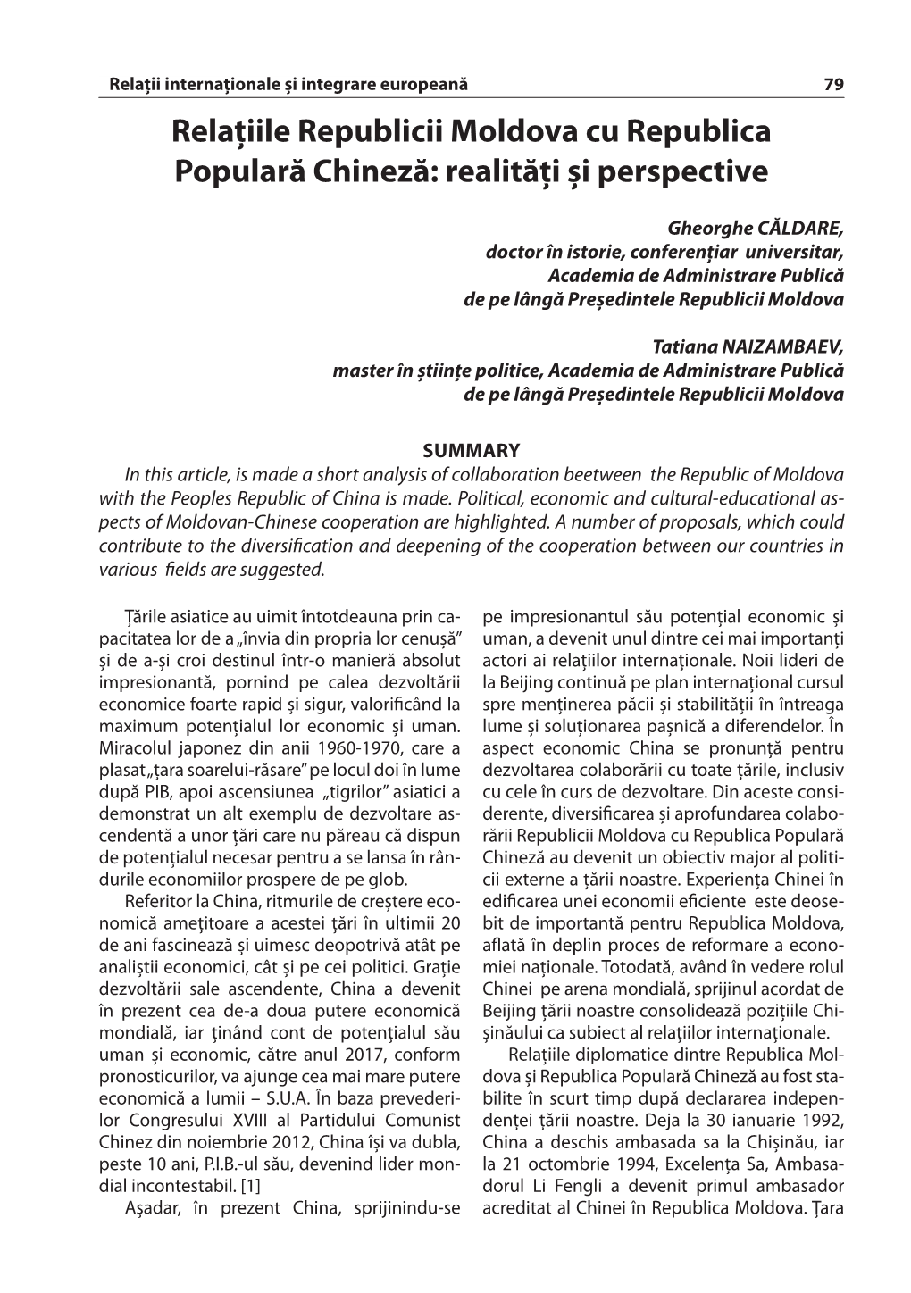 Relaţiile Republicii Moldova Cu Republica Populară Chineză: Realităţi Şi Perspective