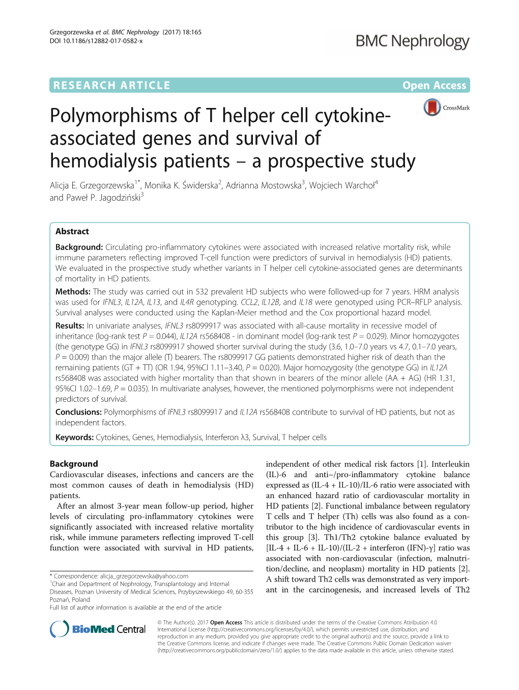 Polymorphisms of T Helper Cell Cytokine-Associated Genes And