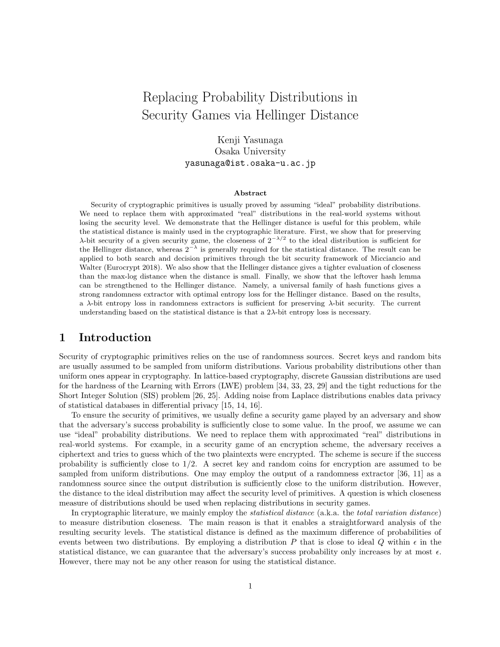 Replacing Probability Distributions in Security Games Via Hellinger Distance