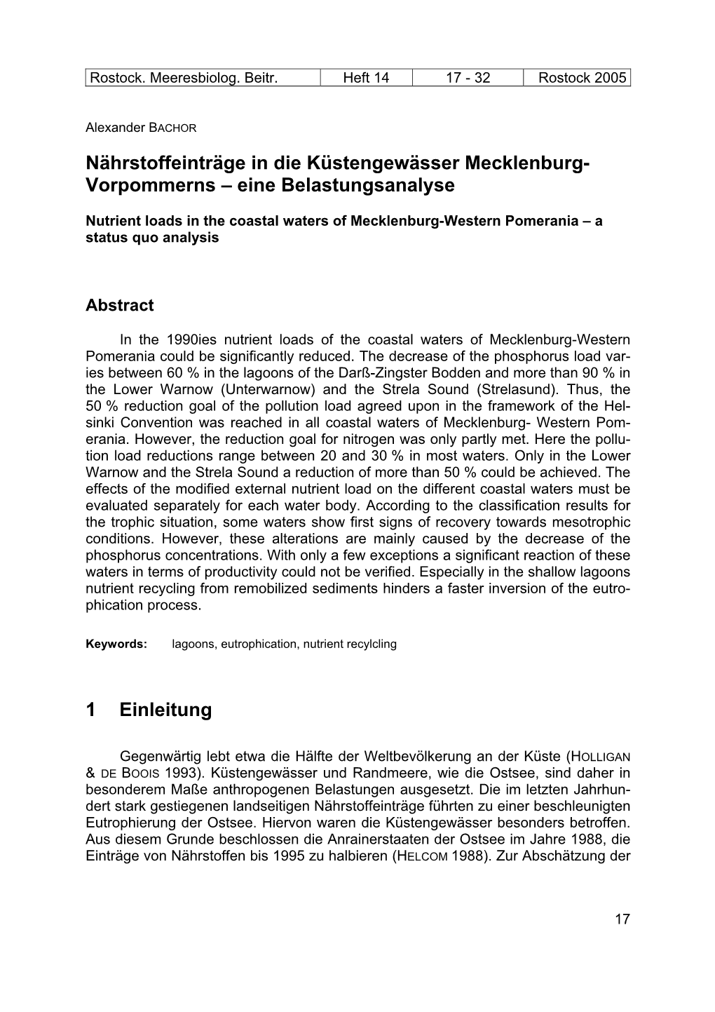 Nährstoffeinträge in Die Küstengewässer Mecklenburg- Vorpommerns – Eine Belastungsanalyse