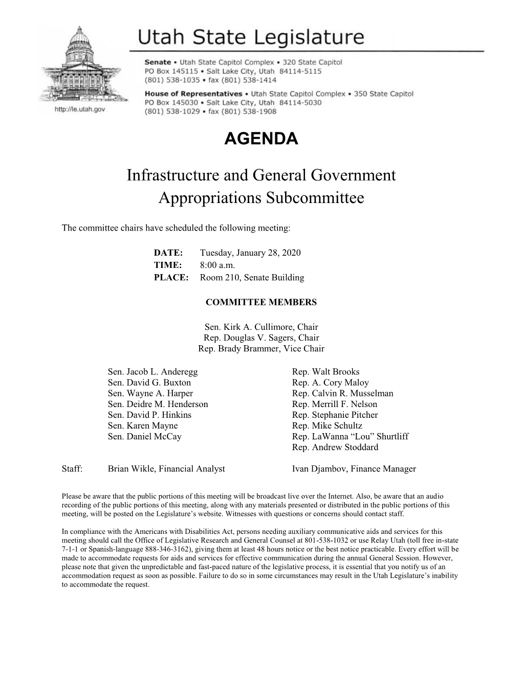 AGENDA Infrastructure and General Government Appropriations Subcommittee Tuesday, January 28, 2020, 8:00 A.M