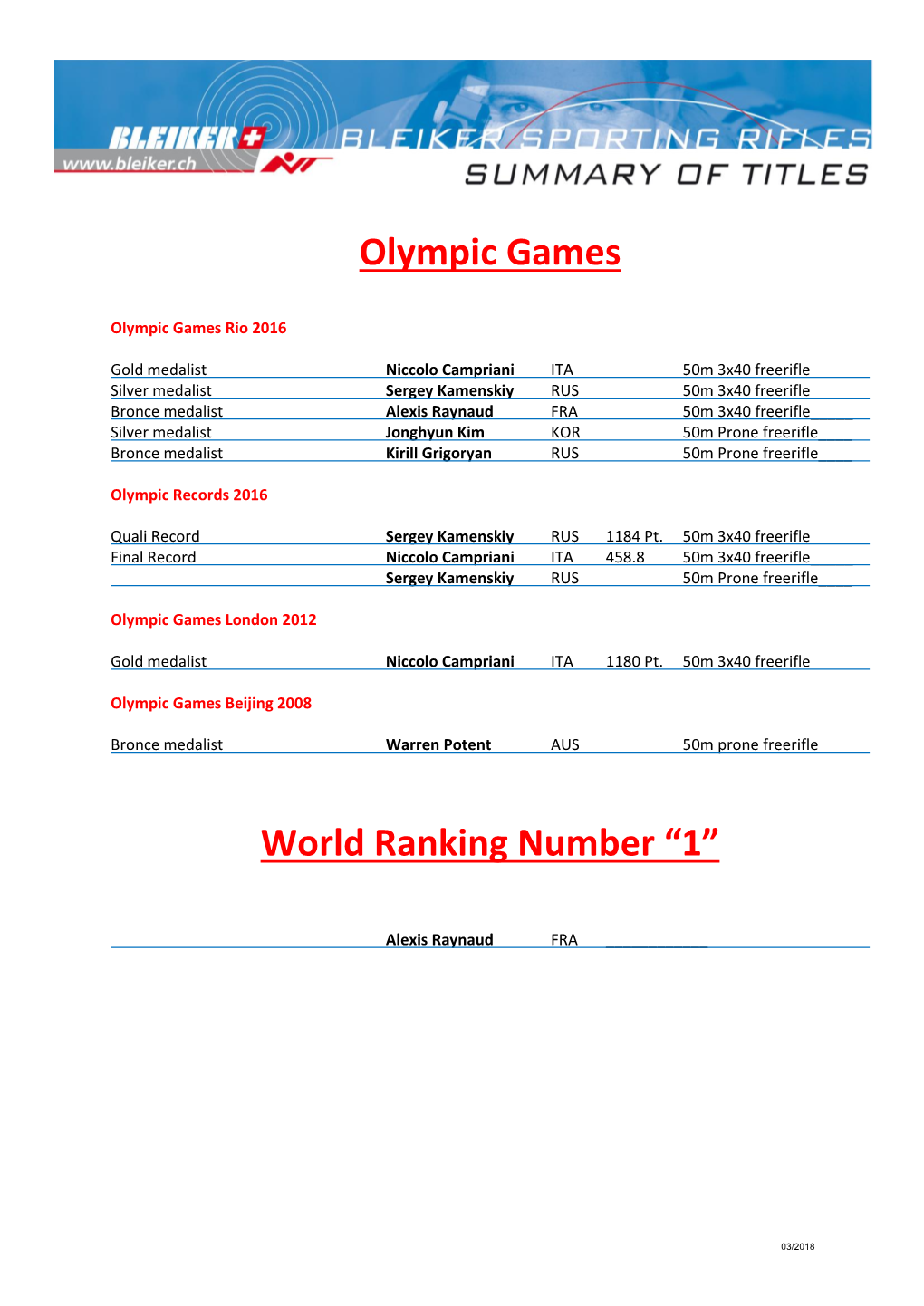 Olympic Games World Ranking Number