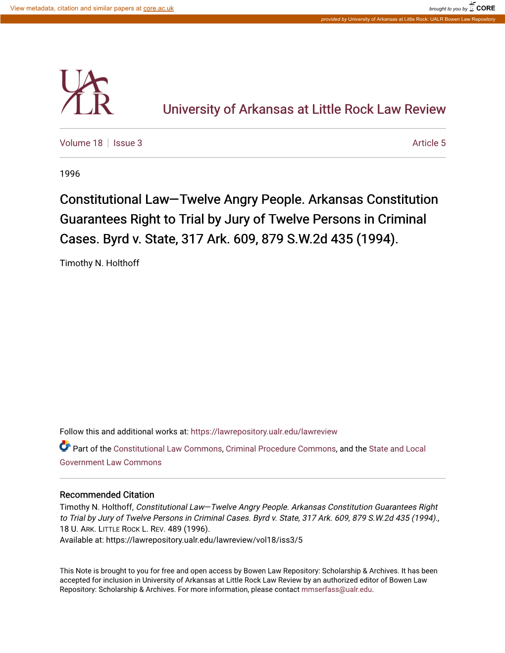 Constitutional Law—Twelve Angry People. Arkansas Constitution Guarantees Right to Trial by Jury of Twelve Persons in Criminal Cases