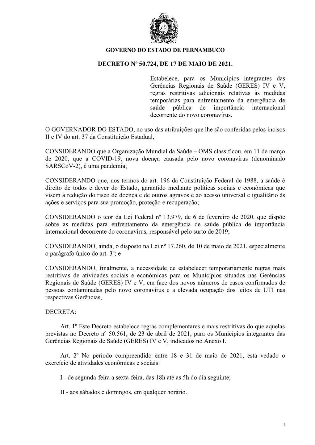 Decreto Nº 50.724, De 17 De Maio De 2021