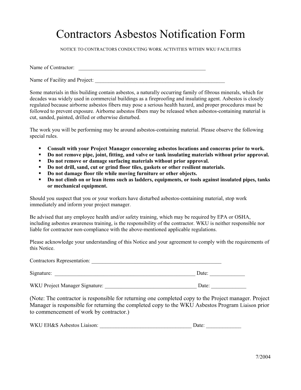 Contractors Asbestos Notification Form