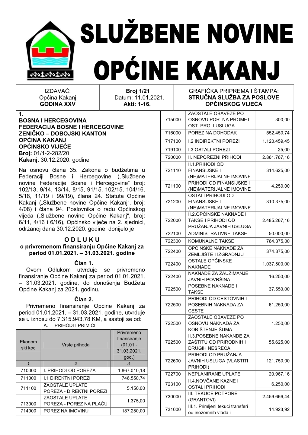 O D L U K U 722300 KOMUNALNE TAKSE 764.375,00 O Privremenom Finansiranju Općine Kakanj Za OPĆINSKE NAKNADE ZA 722400 374.375,00 Period 01.01.2021