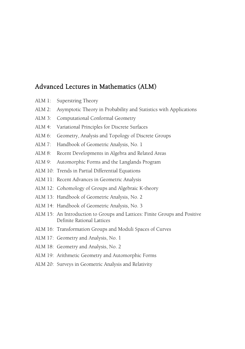 Advanced Lectures in Mathematics (ALM)