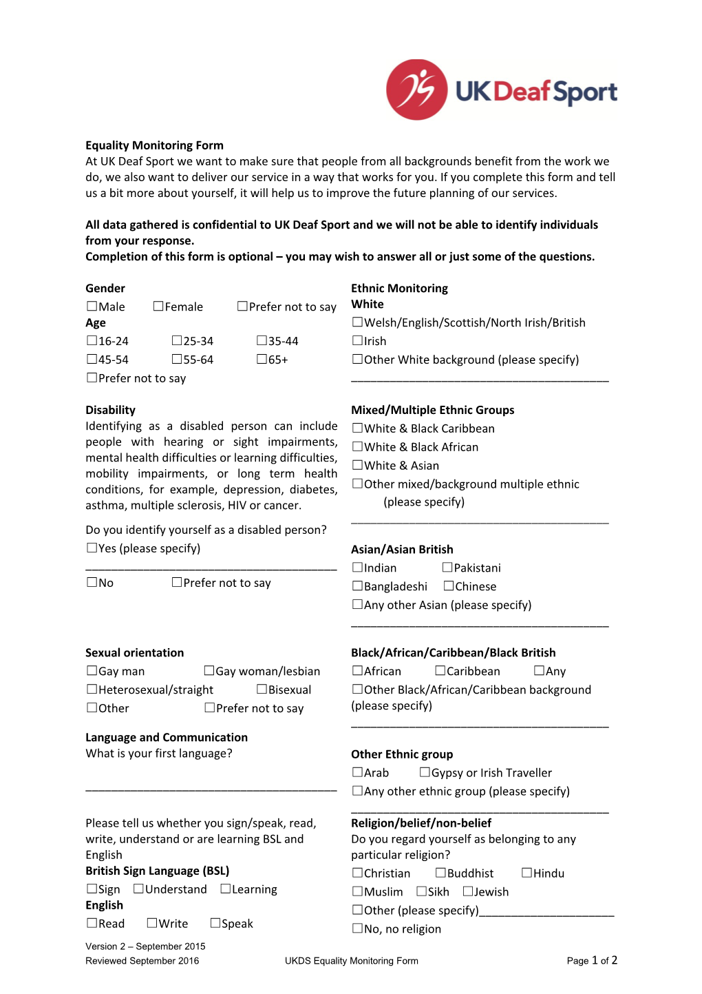 Equality Monitoring Form