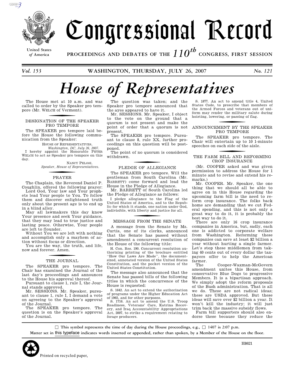 Congressional Record United States Th of America PROCEEDINGS and DEBATES of the 110 CONGRESS, FIRST SESSION