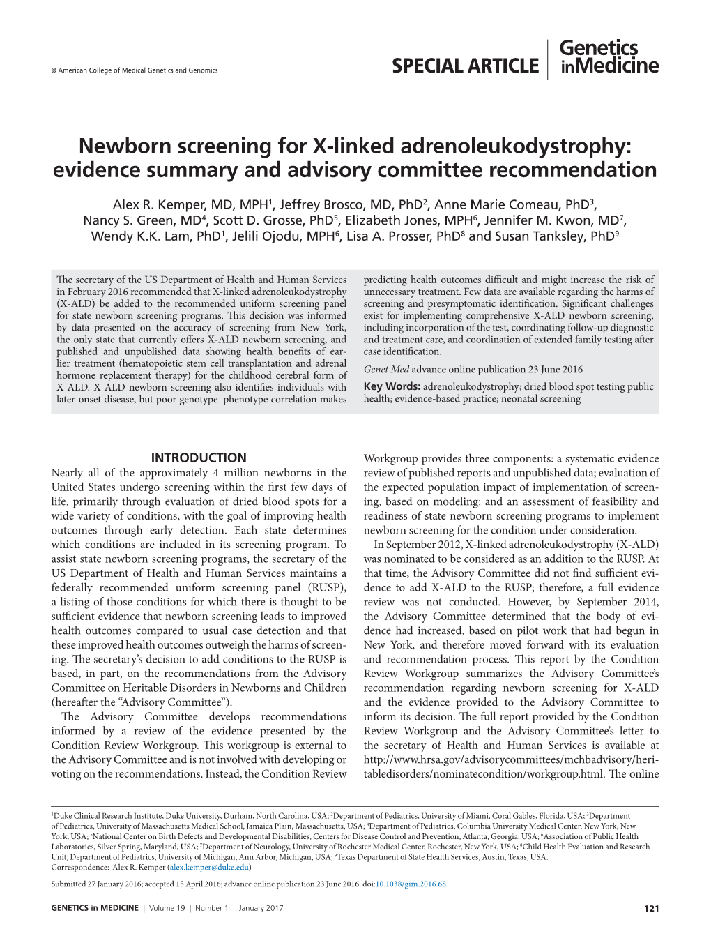 Newborn Screening for X-Linked Adrenoleukodystrophy: Evidence Summary and Advisory Committee Recommendation