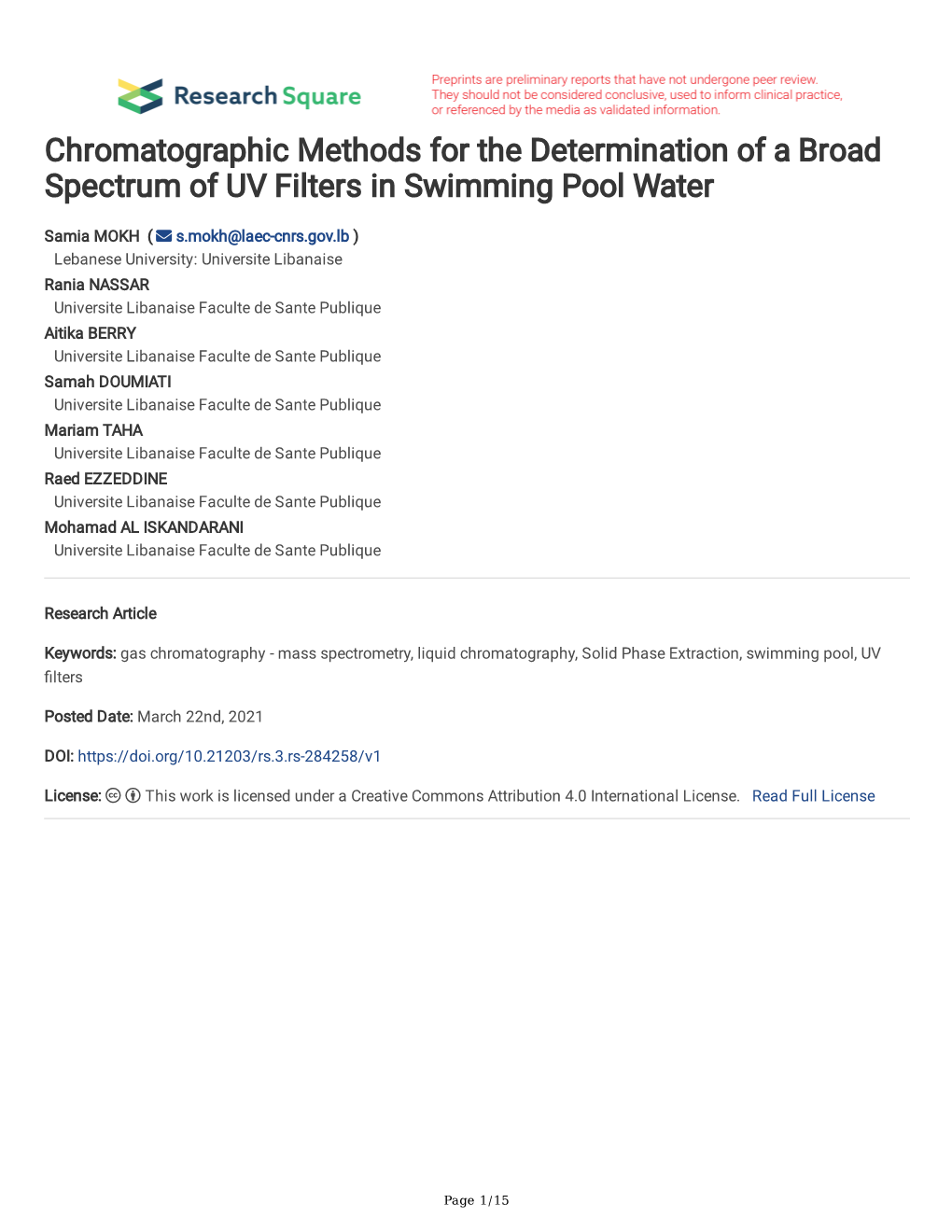 Chromatographic Methods for the Determination of a Broad Spectrum of UV Filters in Swimming Pool Water