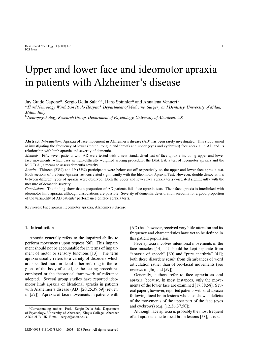 Upper and Lower Face and Ideomotor Apraxia in Patients with Alzheimer's