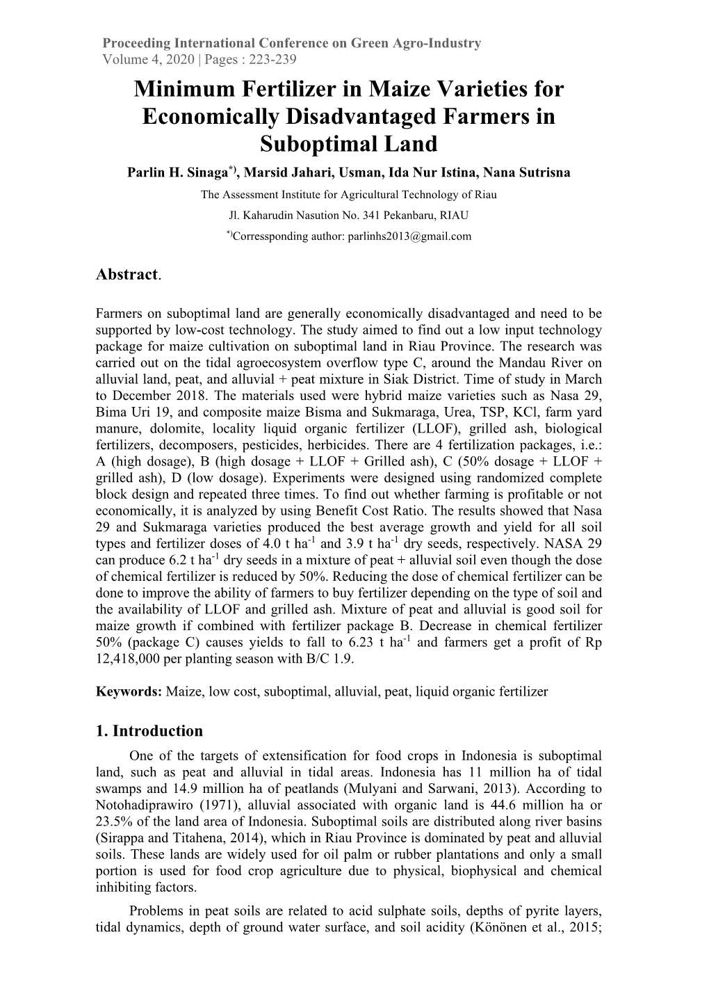 Minimum Fertilizer in Maize Varieties for Economically Disadvantaged Farmers in Suboptimal Land Parlin H