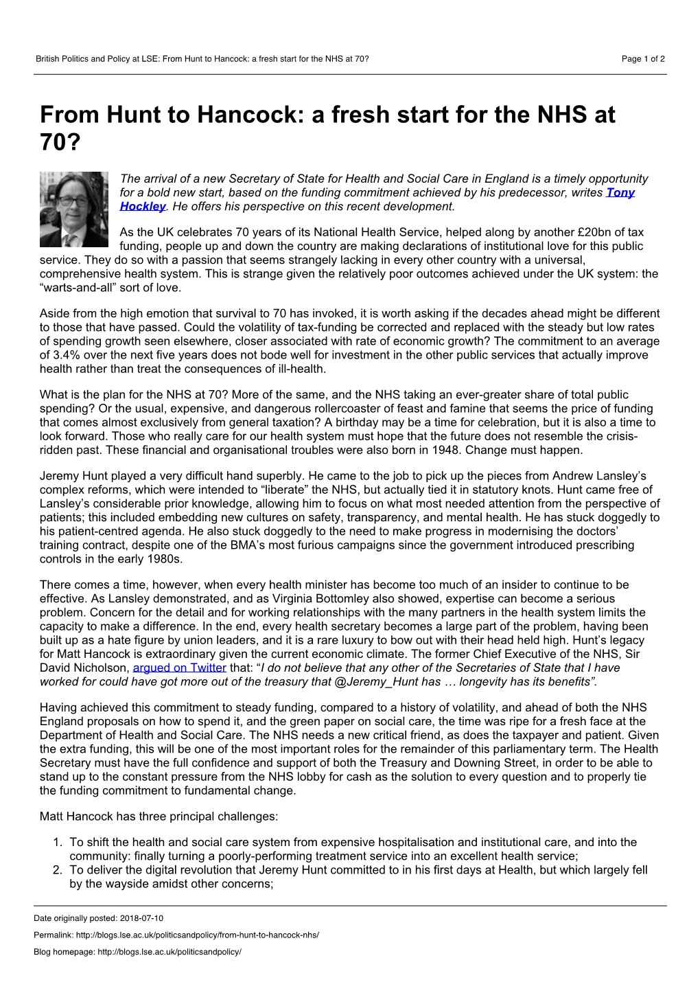 British Politics and Policy at LSE: from Hunt to Hancock: a Fresh Start for the NHS at 70? Page 1 of 2