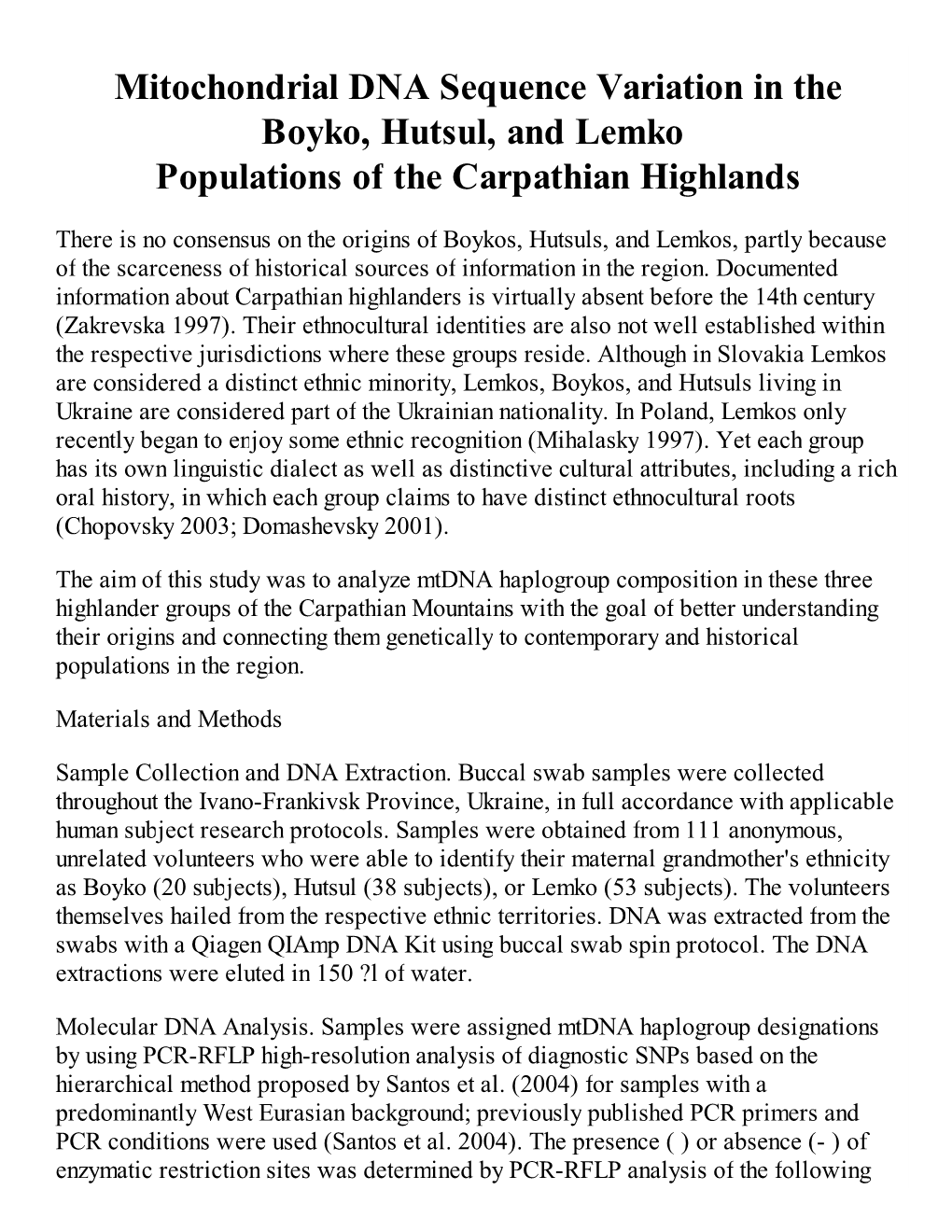 Mitochondrial DNA Sequen...He Carpathian Highlands