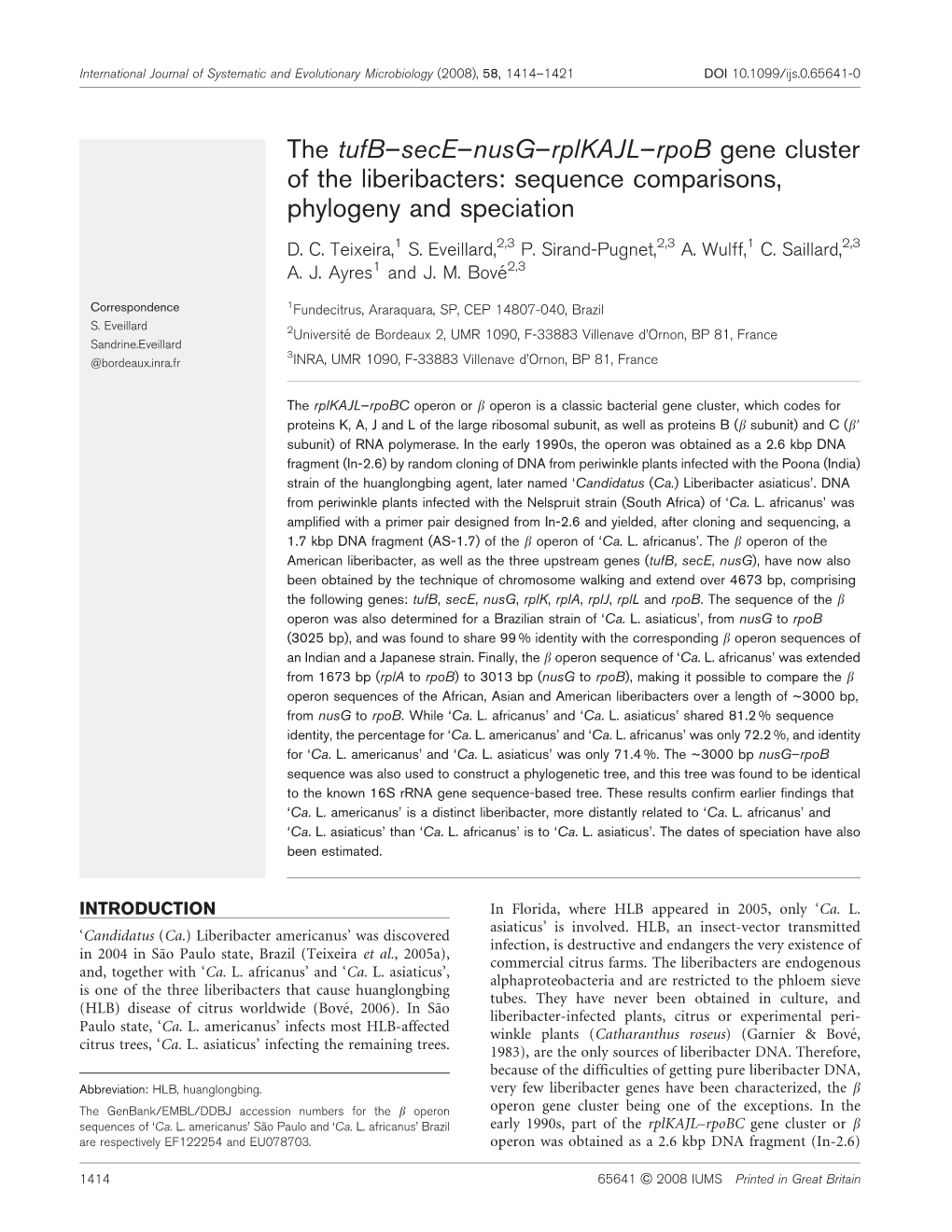 The Tufb–Sece–Nusg–Rplkajl–Rpob Gene Cluster of the Liberibacters: Sequence Comparisons, Phylogeny and Speciation