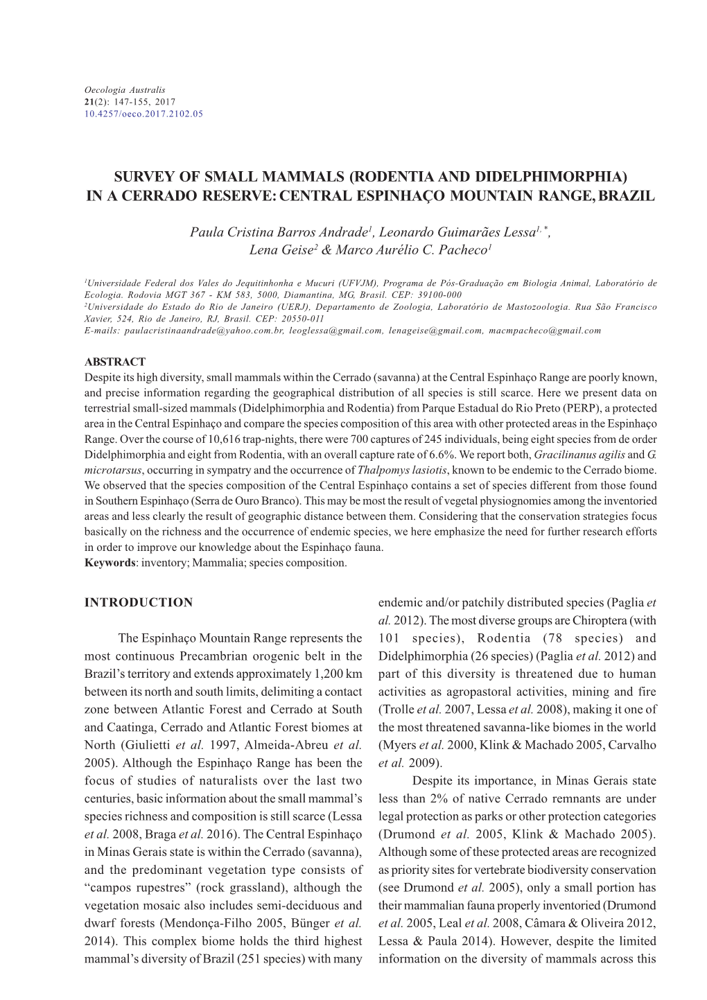 Survey of Small Mammals (Rodentia and Didelphimorphia) in a Cerrado Reserve: Central Espinhaço Mountain Range, Brazil