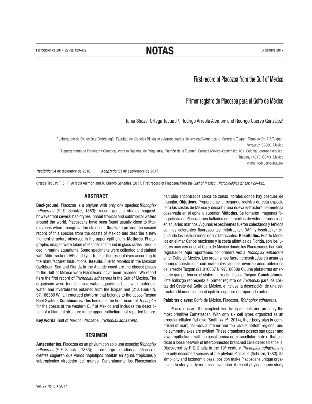 First Record of Placozoa from the Gulf of Mexico Primer Registro De