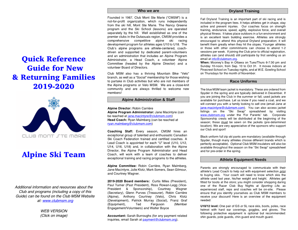 Quick Reference Guide for New & Returning Families 2019-2020