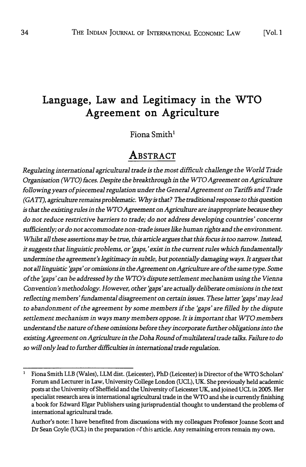 Language, Law and Legitimacy in the WTO Agreement on Agriculture