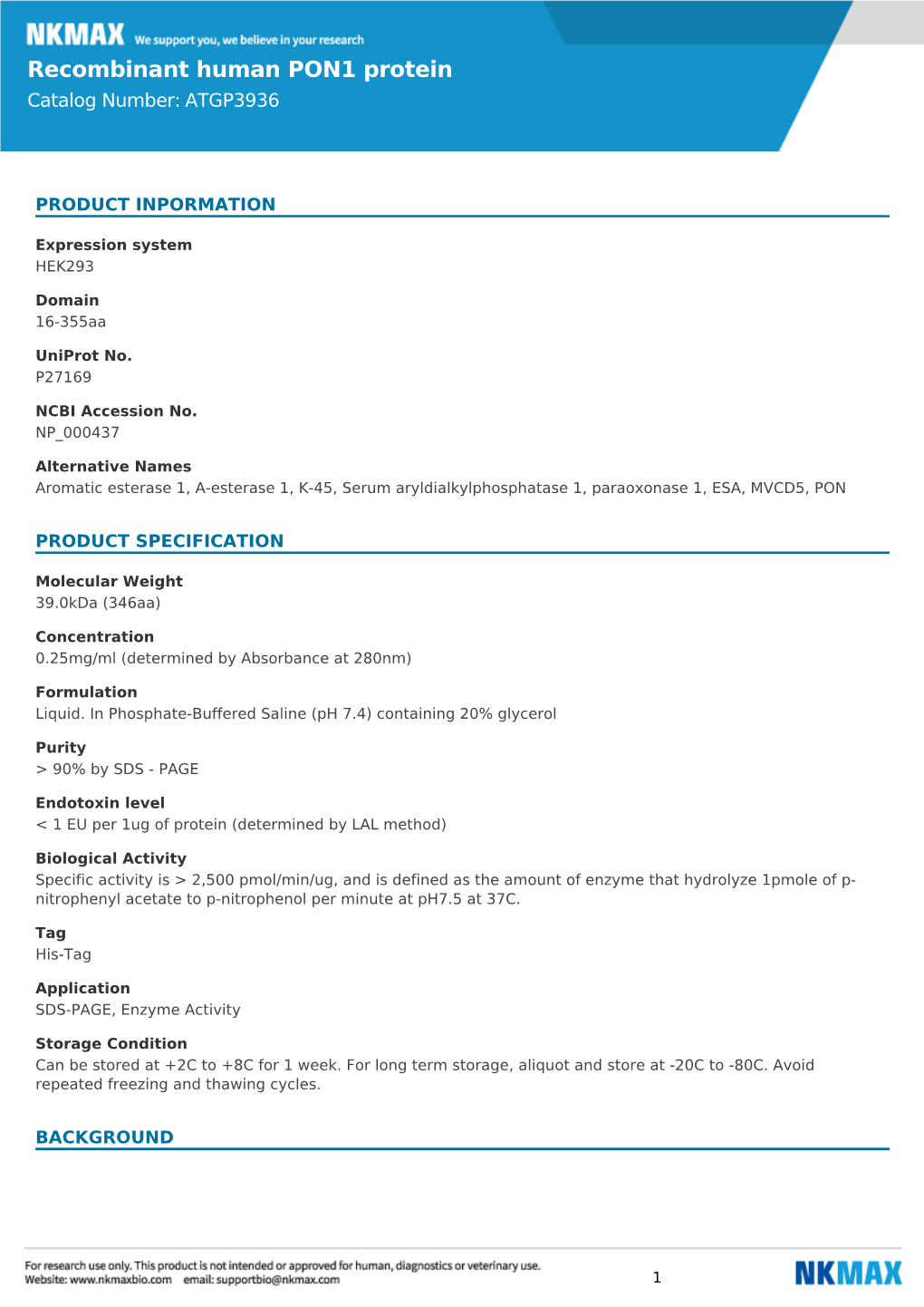 Recombinant Human PON1 Protein Catalog Number: ATGP3936