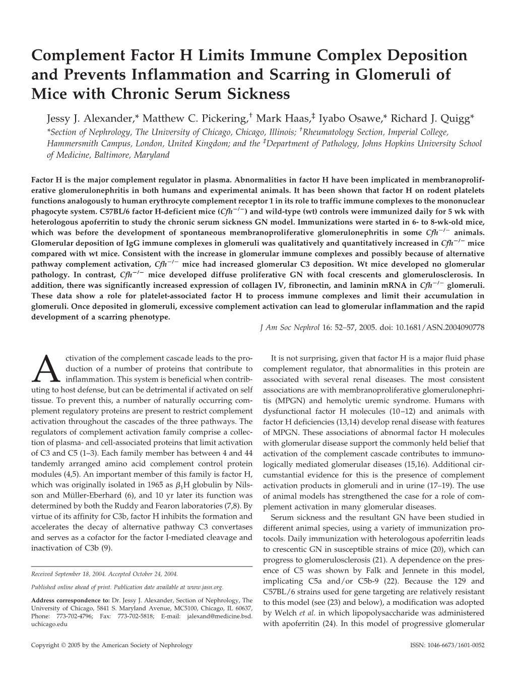 Complement Factor H Limits Immune Complex Deposition and Prevents Inflammation and Scarring in Glomeruli of Mice with Chronic Serum Sickness