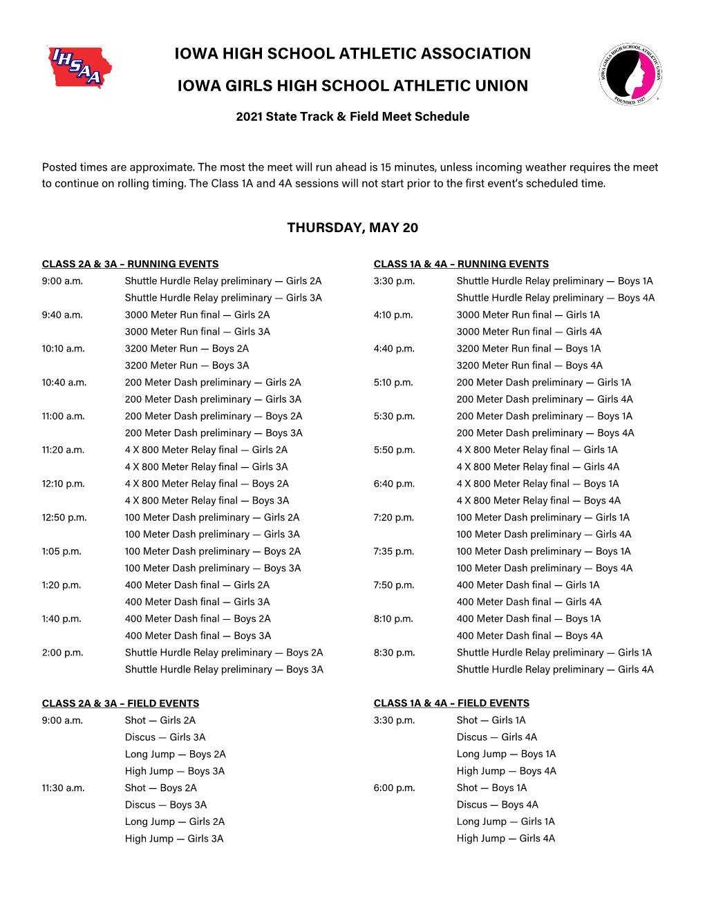 2021 State Track & Field Meet Schedule