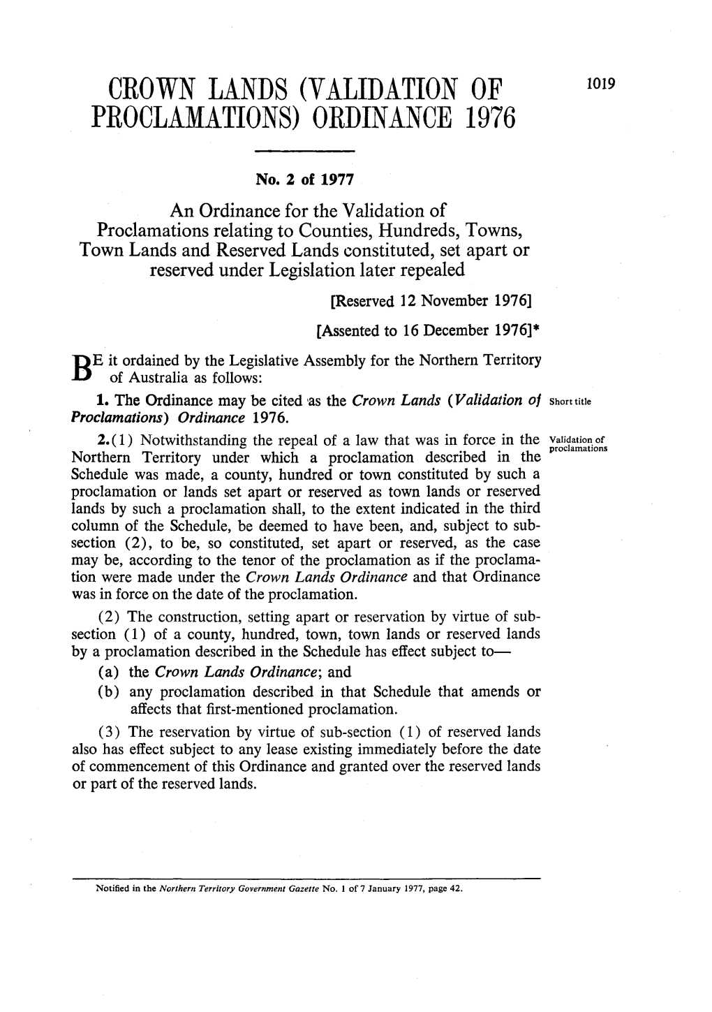 Crown Lands (Validation of Proclamations) Ordinance