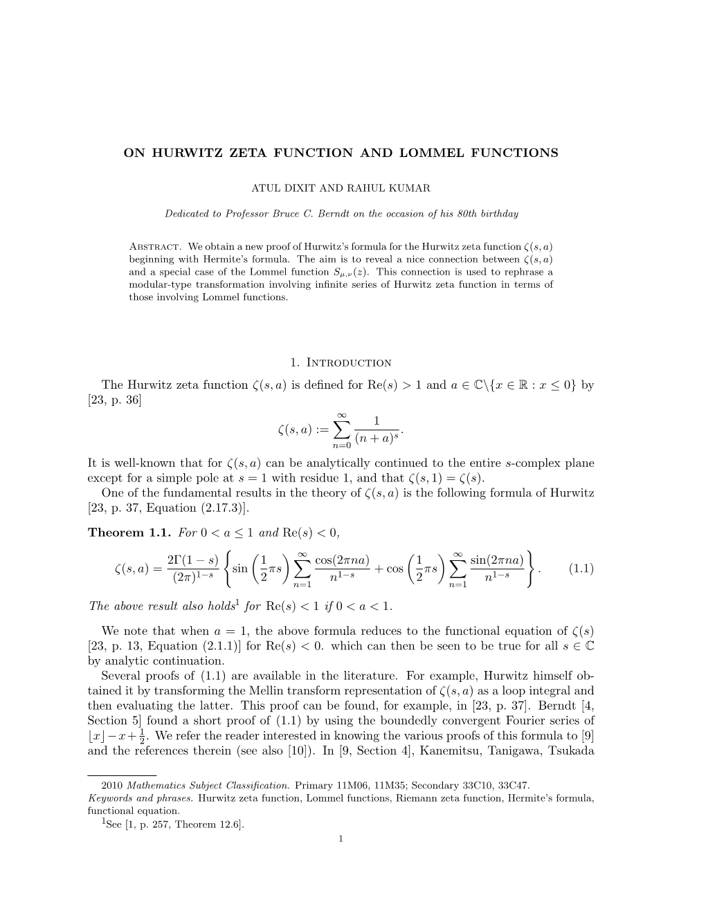 46. on Hurwitz Zeta Function and Lommel Functions