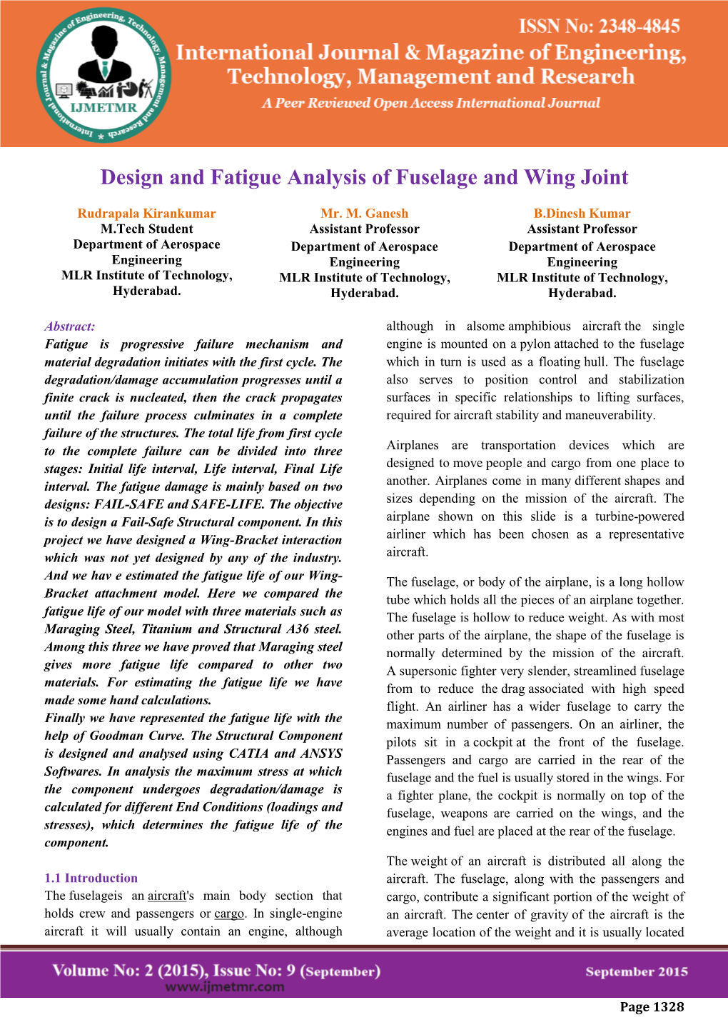 Design and Fatigue Analysis of Fuselage and Wing Joint Rudrapala Kirankumar, Mr.M.Ganesh & B