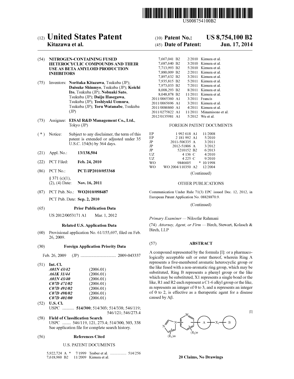 (12) United States Patent (10) Patent No.: US 8,754,100 B2 Kitazawa Et Al