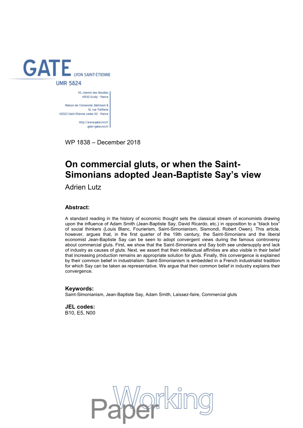 On Commercial Gluts, Or When the Saint- Simonians Adopted Jean-Baptiste Say’S View