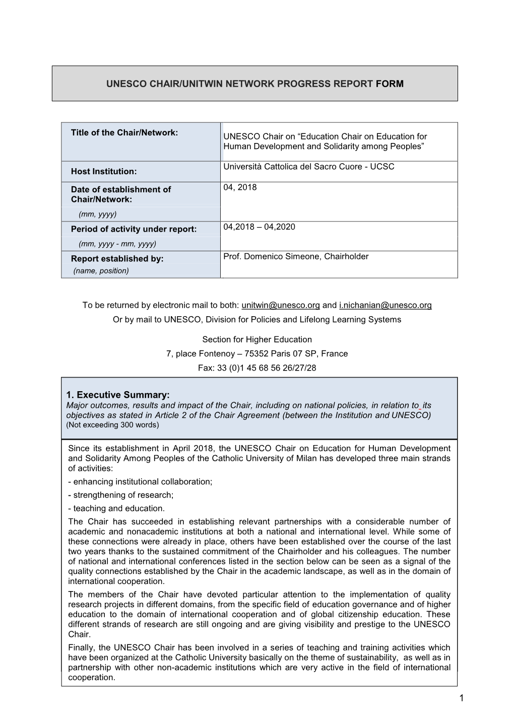 Unesco Chair/Unitwin Netwok Pogress Report Form