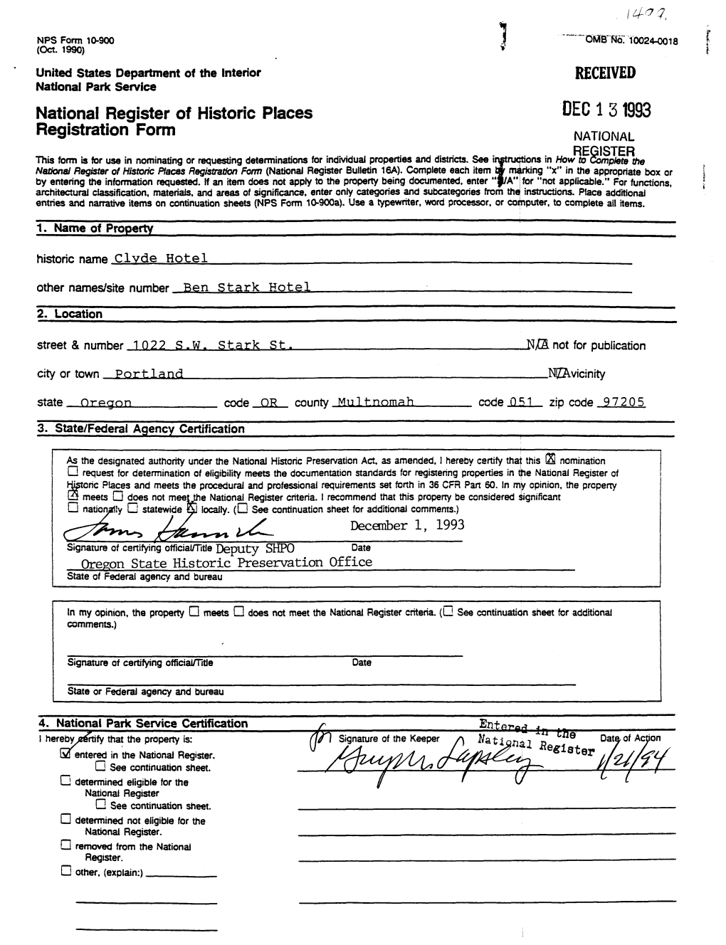 DEC 1 3 1993 Registration Form NATIONAL