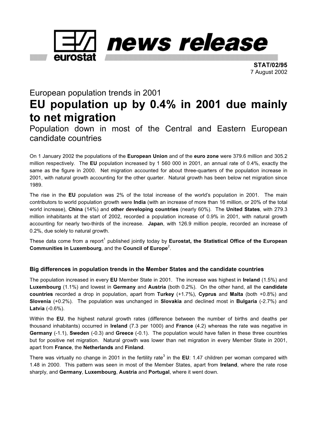 EU Population up by 0.4% in 2001 Due Mainly to Net Migration