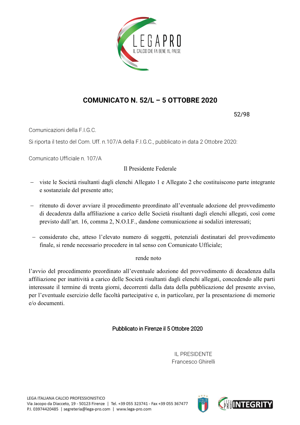 Comunicato N. 52/L – 5 Ottobre 2020