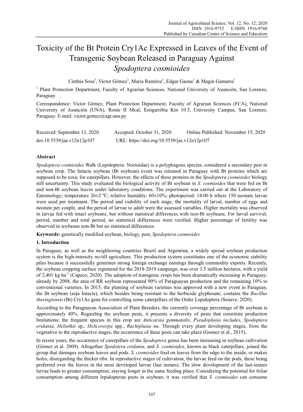 Toxicity of the Bt Protein Cry1ac Expressed in Leaves of the Event of Transgenic Soybean Released in Paraguay Against Spodoptera Cosmioides