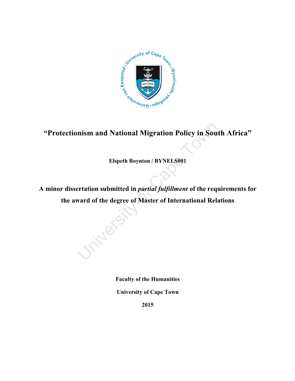 Protectionism and National Migration Policy in South Africa”