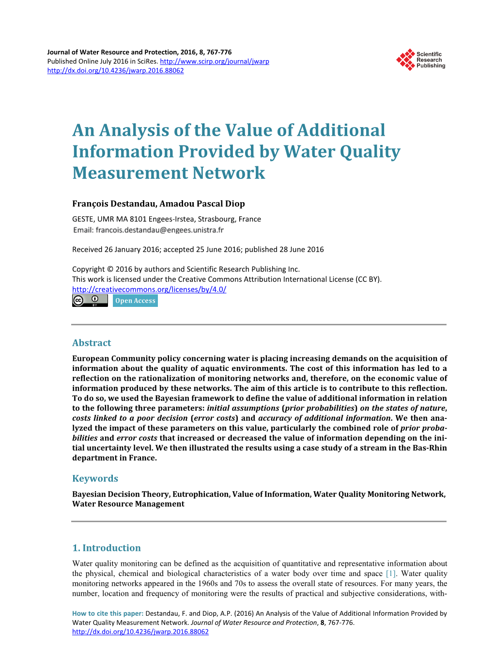 An Analysis of the Value of Additional Information Provided by Water Quality Measurement Network