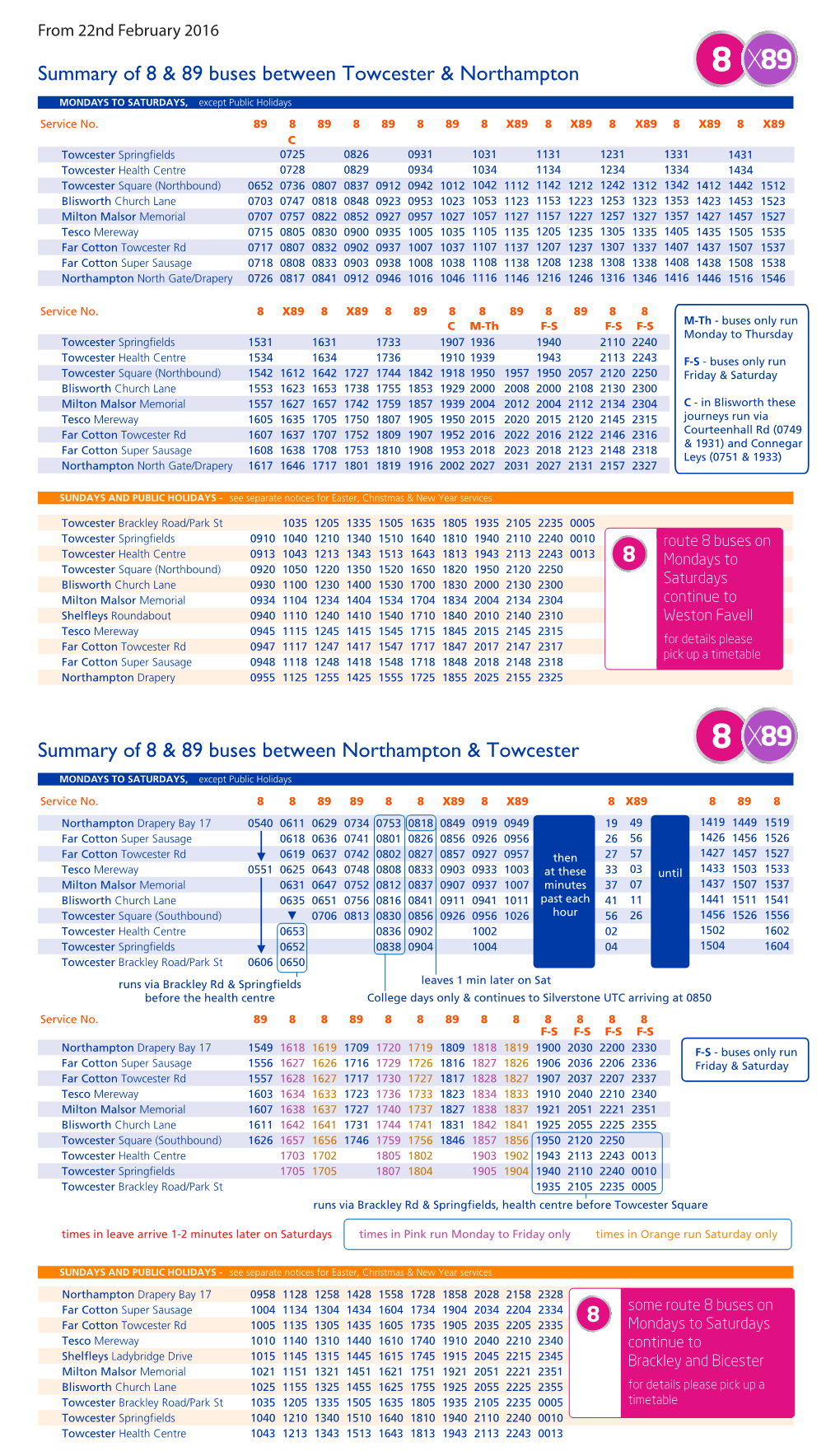 Summary of 8 & 89 Buses Between Towcester & Northampton