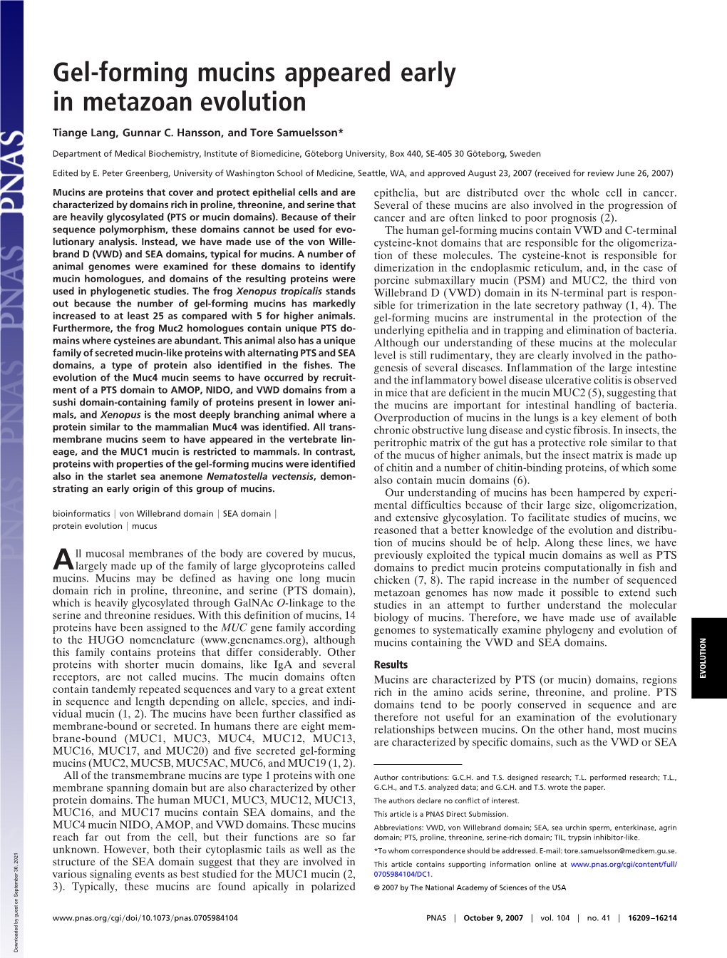 Gel-Forming Mucins Appeared Early in Metazoan Evolution