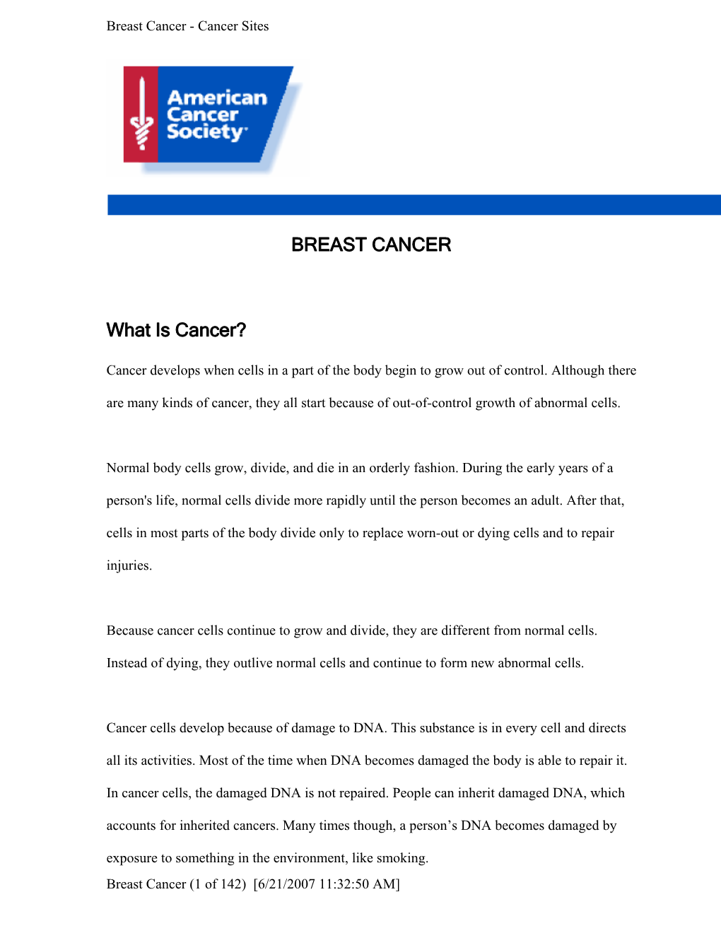 BREAST CANCER What Is Cancer?