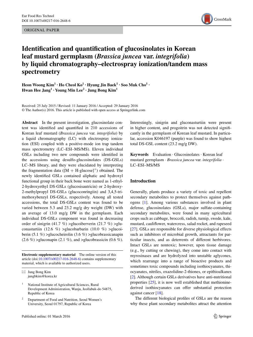 (Brassica Juncea Var. Integrifolia) by Liquid Chromatography–Electrospray Ionization/Tandem Mass Spectrometry