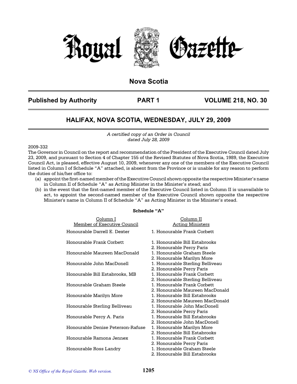 NS Royal Gazette Part I