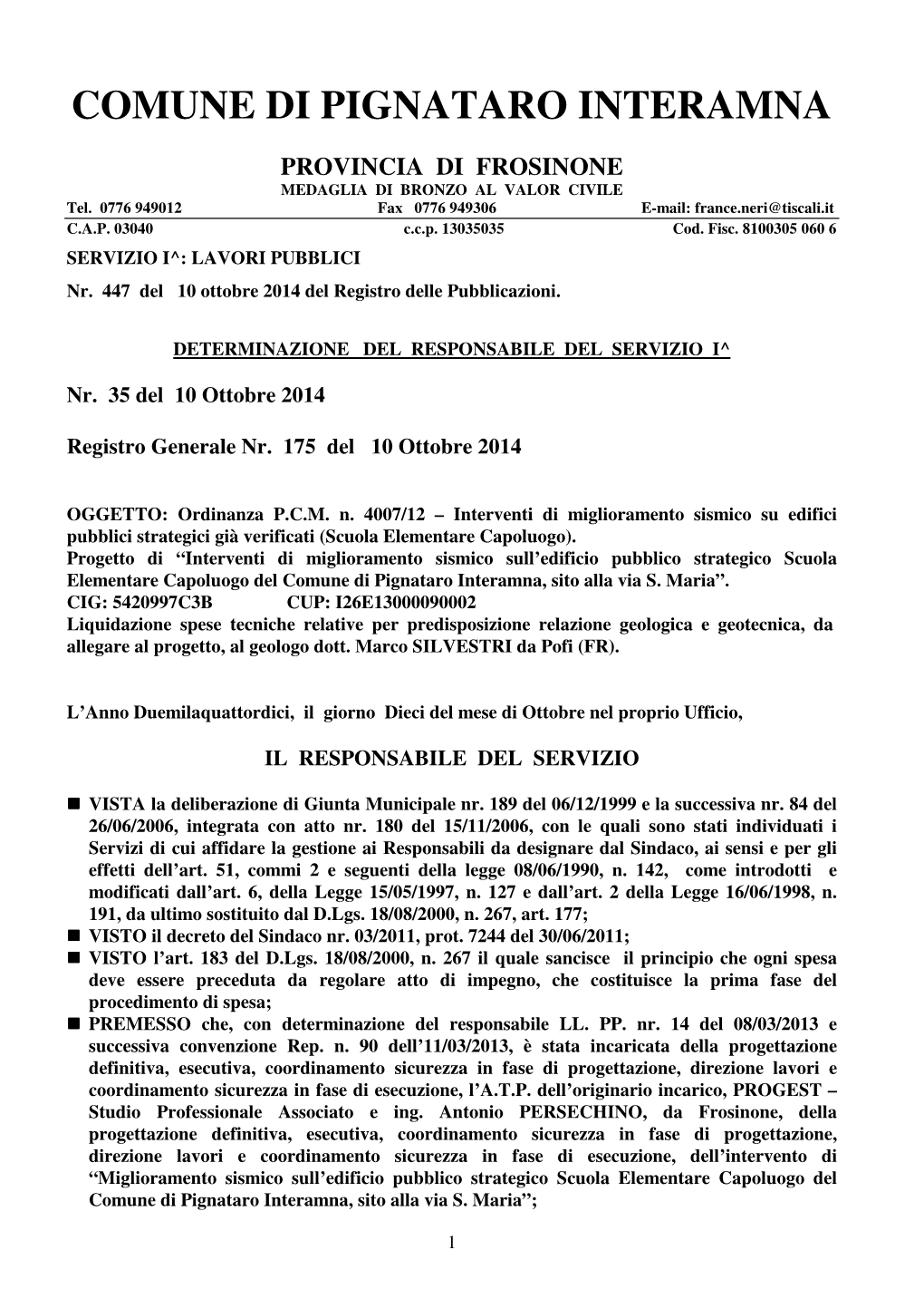 Comune Di Pignataro Interamna Provincia Di Frosinone