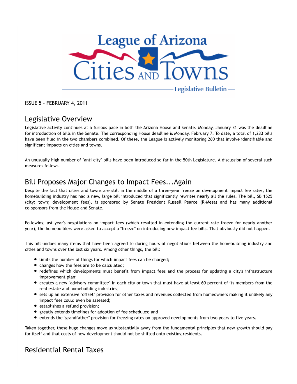 Legislative Bulletin Is Published by the League of Arizona Cities and Towns