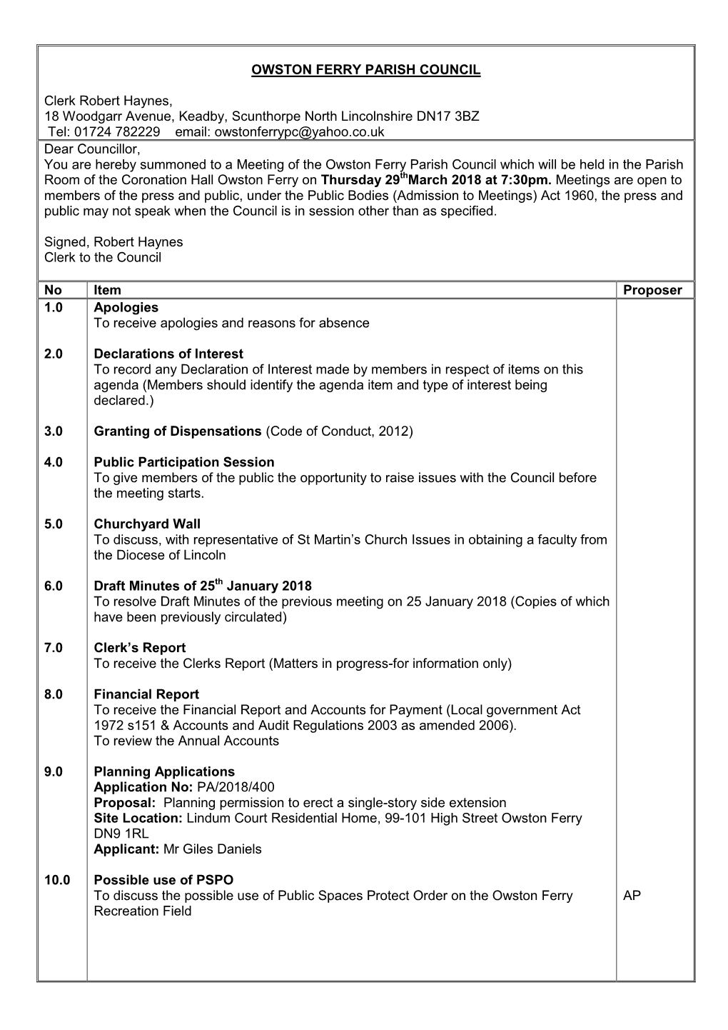 OWSTON FERRY PARISH COUNCIL Clerk Robert Haynes, 18 Woodgarr