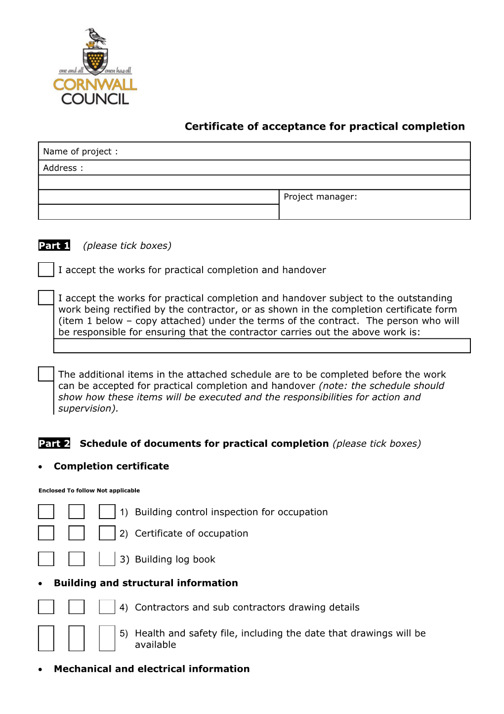 Certificate of Acceptance for Maintenance